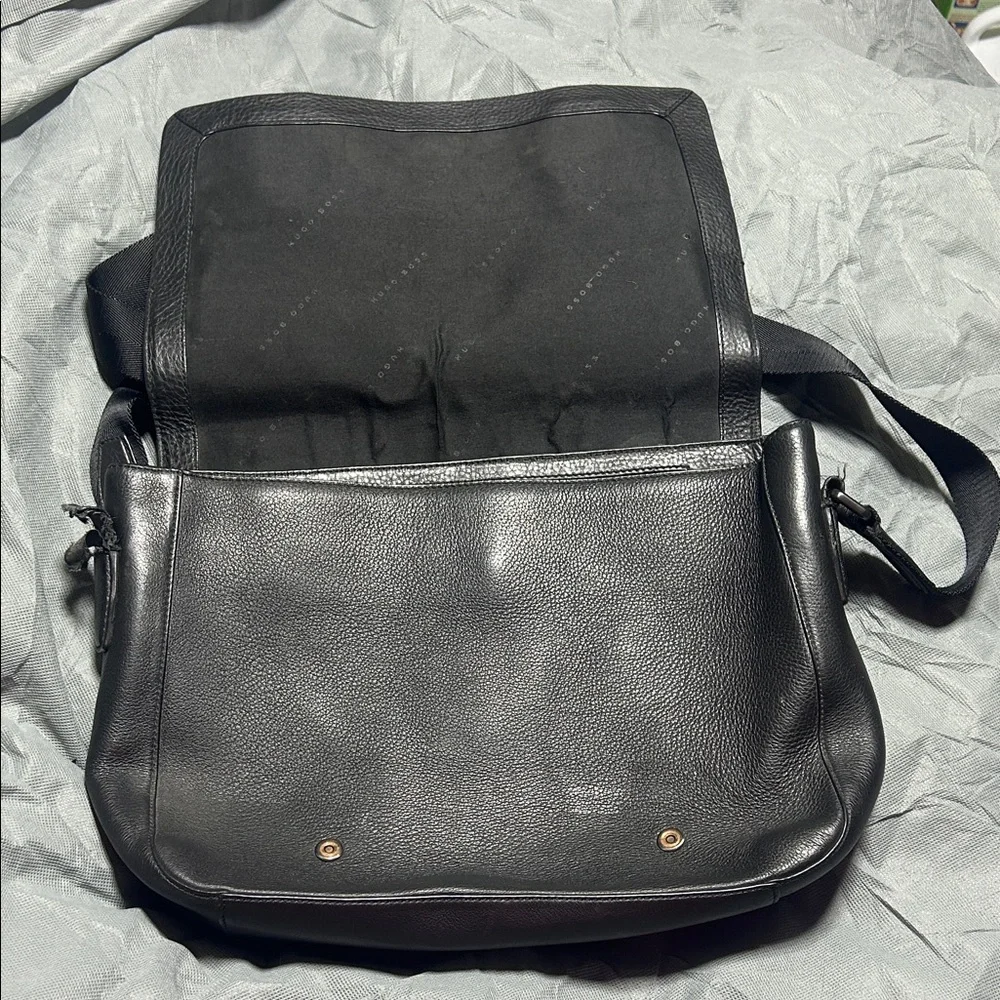 Boss Hugo Boss Black Leather Messenger Bag with Adjustable Strap